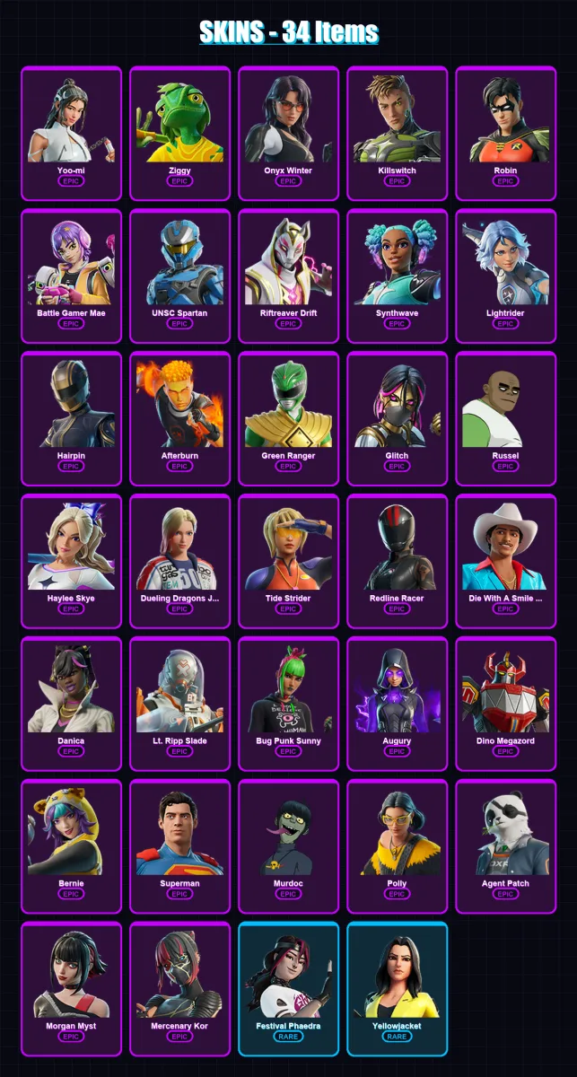 [PC/XBOX] | Yoo-mi | Ziggy | Onyx Winter | Killswitch | Robin | 34 skin | 55 pickaxe | 33 emote | 30 glider | Lv756
