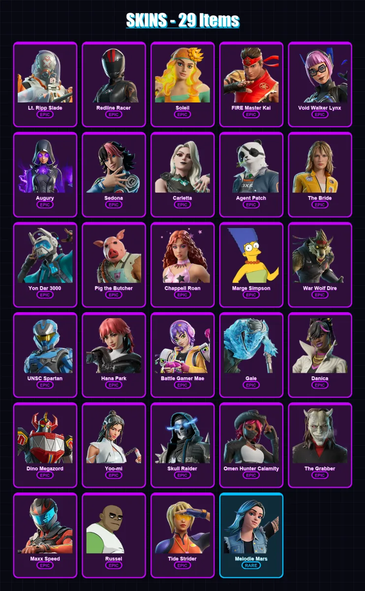 [PC/XBOX/PSN] | Lt. Ripp Slade | Redline Racer | Soleil | FIRE Master Kai | Void Walker Lynx | 29 skin | 39 pickaxe | 21 emote | 22 glider | Lv166