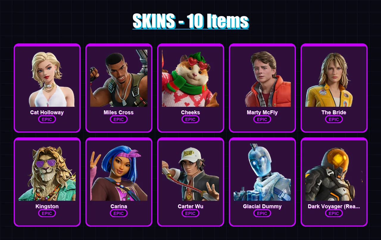 [PC/XBOX/PSN] | Cat Holloway | Miles Cross | Cheeks | Marty McFly | The Bride | 10 skin | 23 pickaxe | 15 emote | 21 glider | Lv213