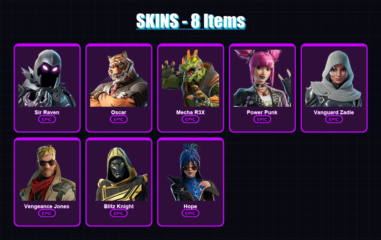 [PC/XBOX] | Sir Raven | Oscar | Mecha R3X | Power Punk | Vanguard Zadie | 8 skin | 51 pickaxe | 23 emote | 34 glider | Lv517
