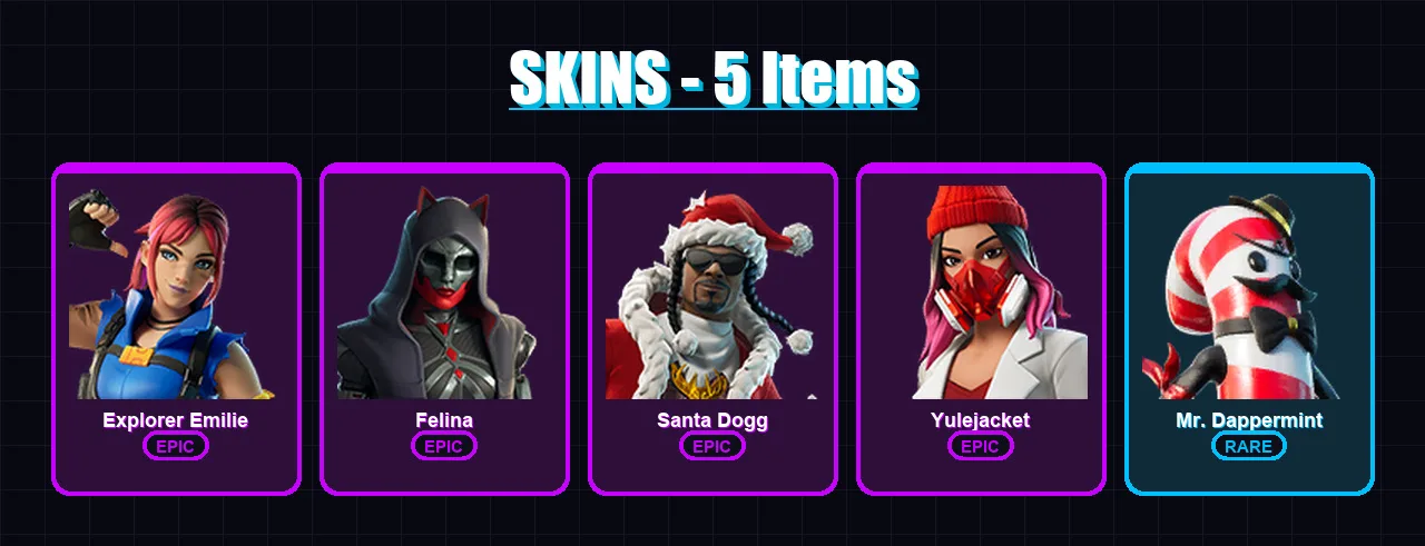 [PC/XBOX/PSN] | Explorer Emilie | Felina | Santa Dogg | Yulejacket | Mr. Dappermint | 5 skin | 36 pickaxe | 18 emote | 19 glider | Lv353