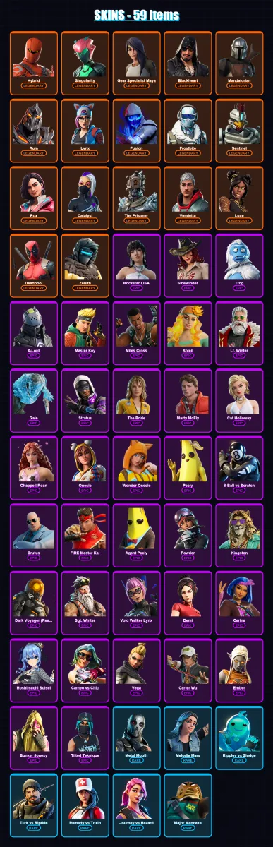 [PC/PSN] | Hybrid | Singularity | Gear Specialist Maya | Blackheart | Mandalorian | 59 skin | 62 pickaxe | 65 emote | 59 glider | Lv601