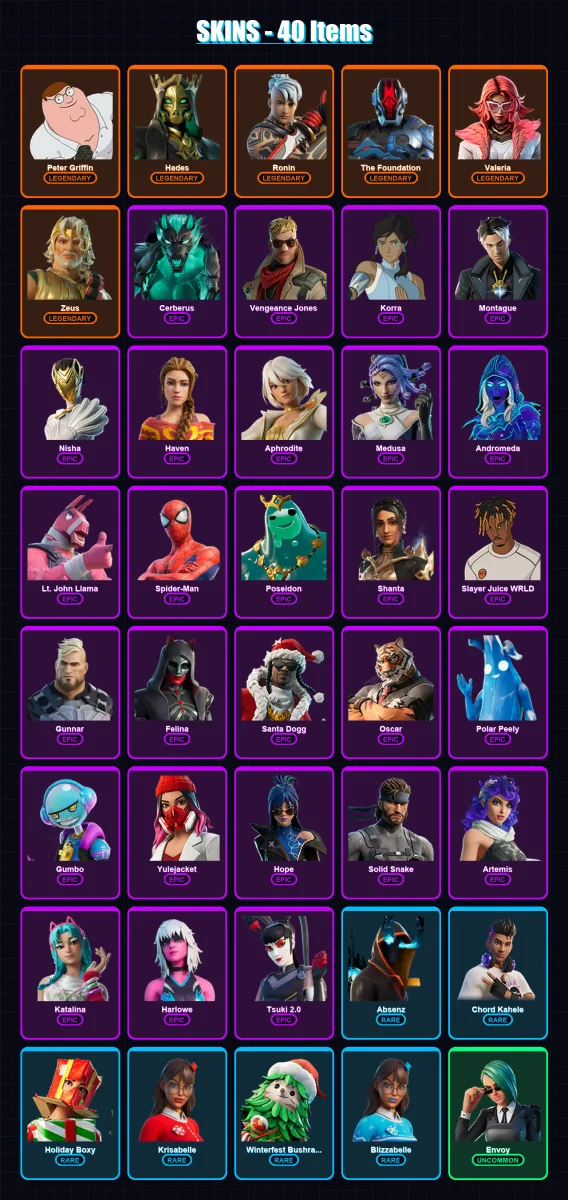 [PC/XBOX/PSN] | Peter Griffin | Hades | Ronin | The Foundation | Valeria | 40 skin | 65 pickaxe | 41 emote | 52 glider | Lv731 — Fortnite account