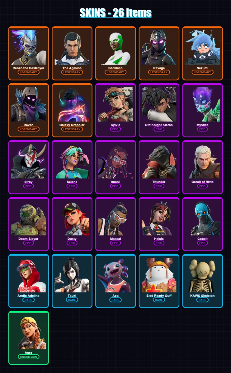 [PC] | Renzo the Destroyer | The Ageless | Backlash | Ravage | Nezumi | 26 skin | 32 pickaxe | 41 emote | 30 glider | Lv444
