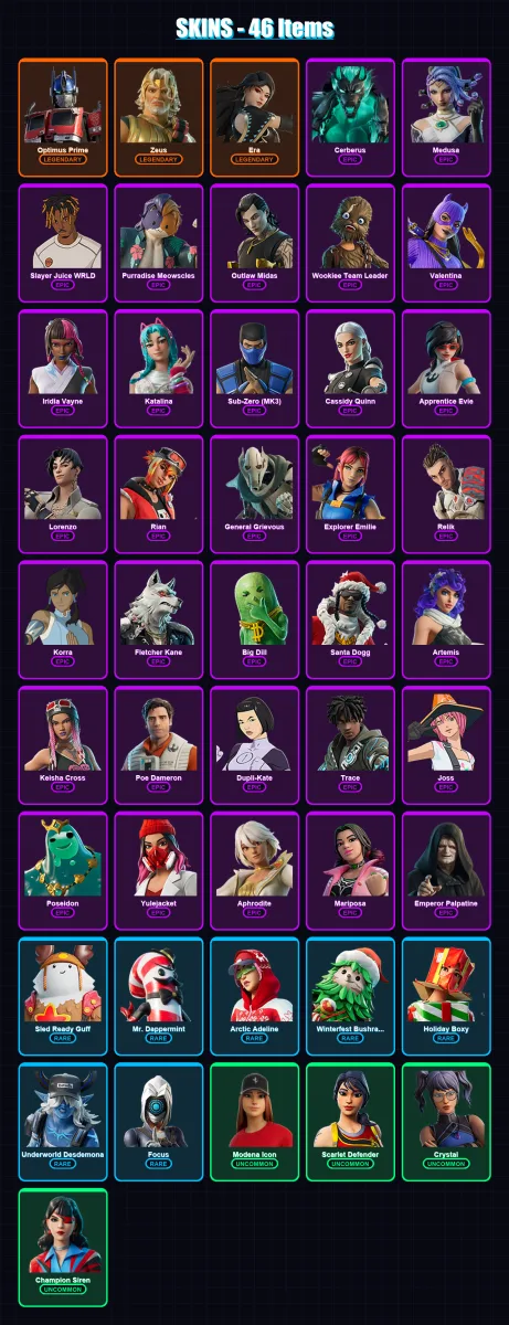 [PC/PSN] | Optimus Prime | Zeus | Era | Cerberus | Medusa | 46 skin | 94 pickaxe | 69 emote | 90 glider | Lv2260