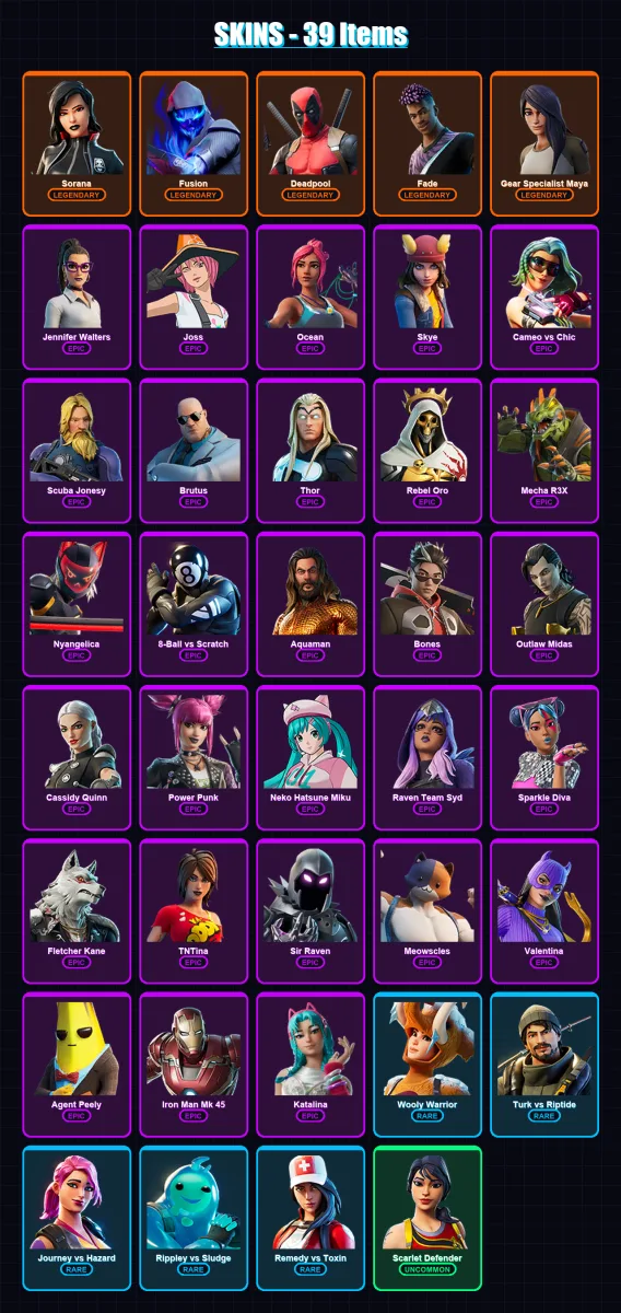 [PC/XBOX/PSN] | Sorana | Fusion | Deadpool | Fade | Gear Specialist Maya | 39 skin | 48 pickaxe | 37 emote | 38 glider | Lv501