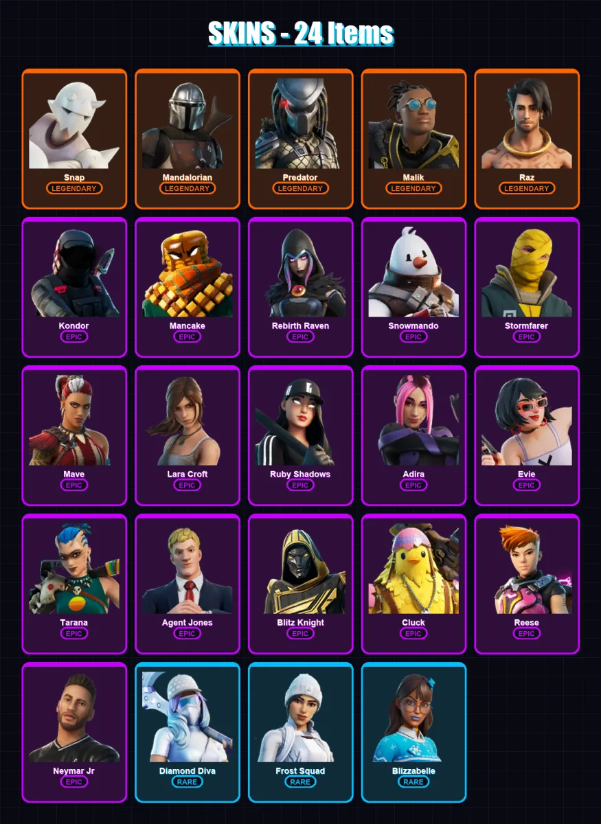 [PC] | Snap | Mandalorian | Predator | Malik | Raz | 24 skin | 40 pickaxe | 18 emote | 33 glider | Lv395