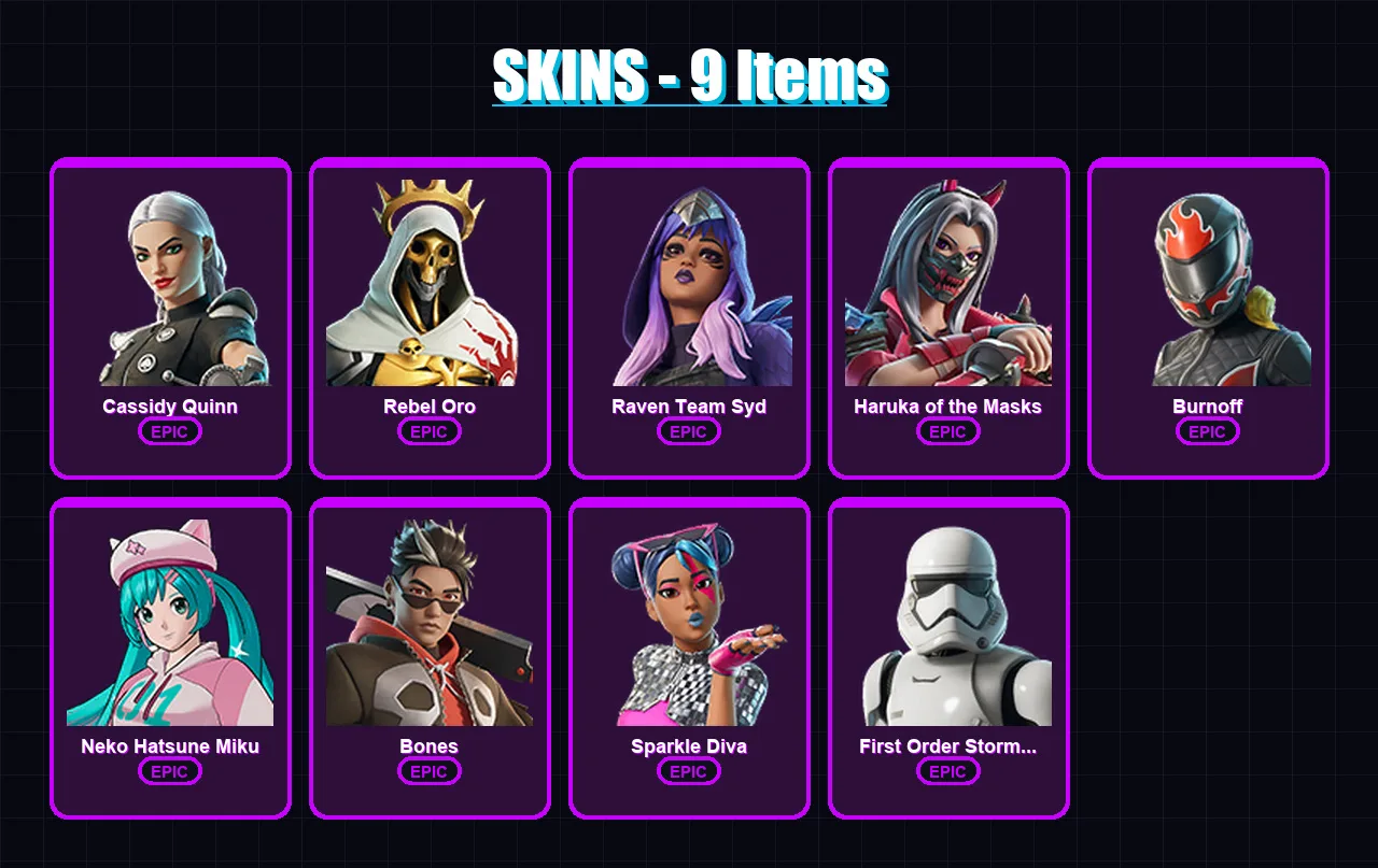 [PC/XBOX/PSN] | Cassidy Quinn | Rebel Oro | Raven Team Syd | Haruka of the Masks | Burnoff | 9 skin | 6 pickaxe | 4 emote | 5 glider | Lv23