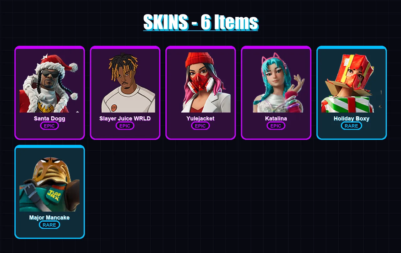 [PC] | Santa Dogg | Slayer Juice WRLD | Yulejacket | Katalina | Holiday Boxy | 6 skin | 23 pickaxe | 11 emote | 12 glider | Lv111