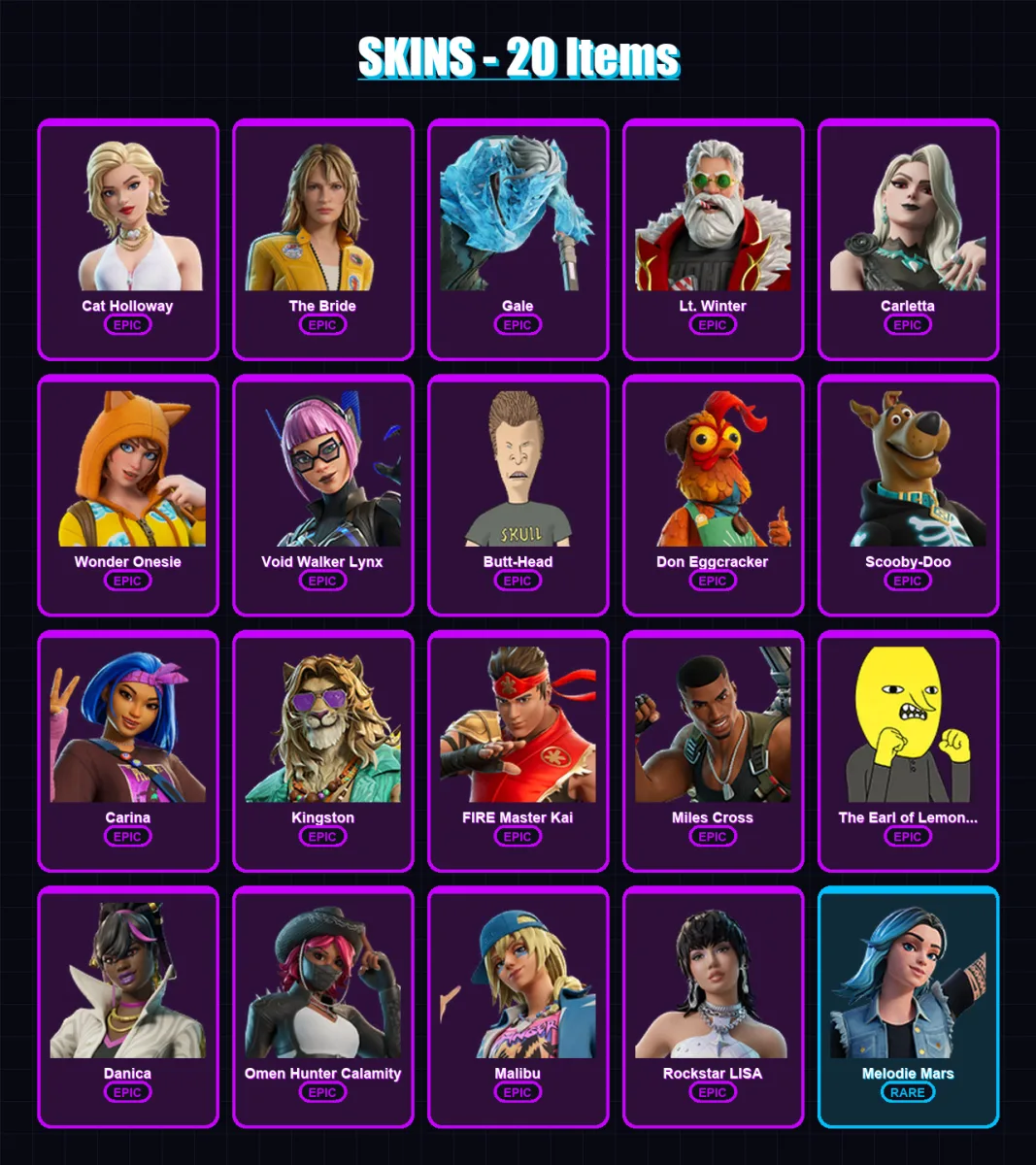 [PC/PSN] | Cat Holloway | The Bride | Gale | Lt. Winter | Carletta | 20 skin | 26 pickaxe | 17 emote | 13 glider | Lv110