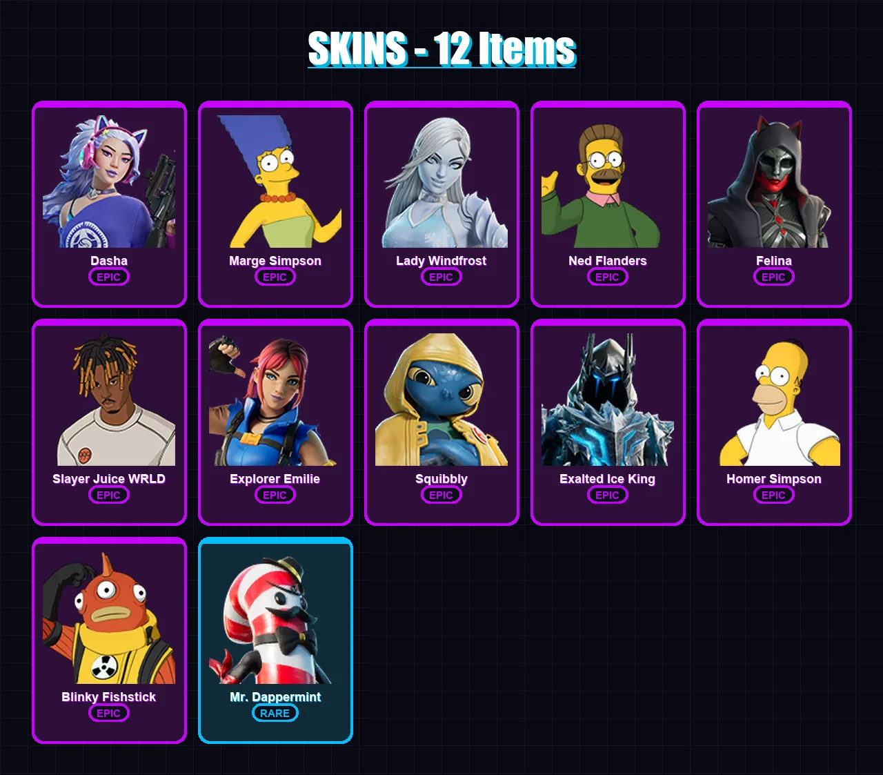 [PS4/PS5/PC] | Dasha | Marge Simpson | Lady Windfrost | Ned Flanders | Felina | 12 skin | 55 pickaxe | 21 emote | 32 glider | Lv537