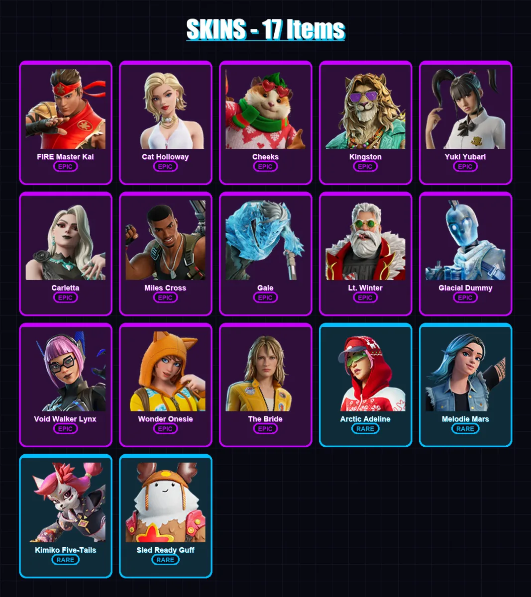 [PC/PSN] | FIRE Master Kai | Cat Holloway | Cheeks | Kingston | Yuki Yubari | 17 skin | 31 pickaxe | 17 emote | 17 glider | Lv154