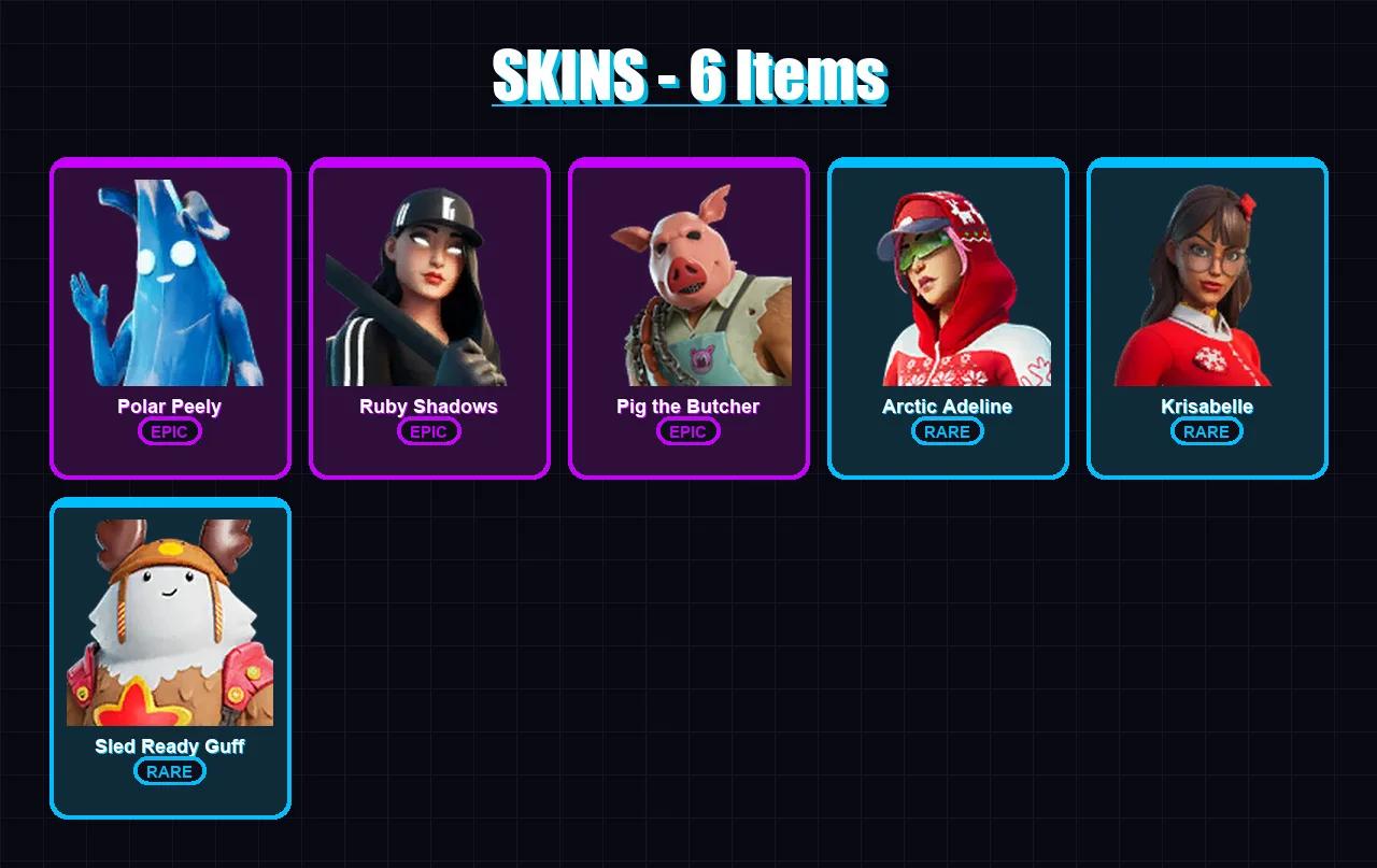 [PC/XBOX/PSN] | Polar Peely | Ruby Shadows | Pig the Butcher | Arctic Adeline | Krisabelle | 6 skin | 20 pickaxe | 19 emote | 18 glider | Lv381