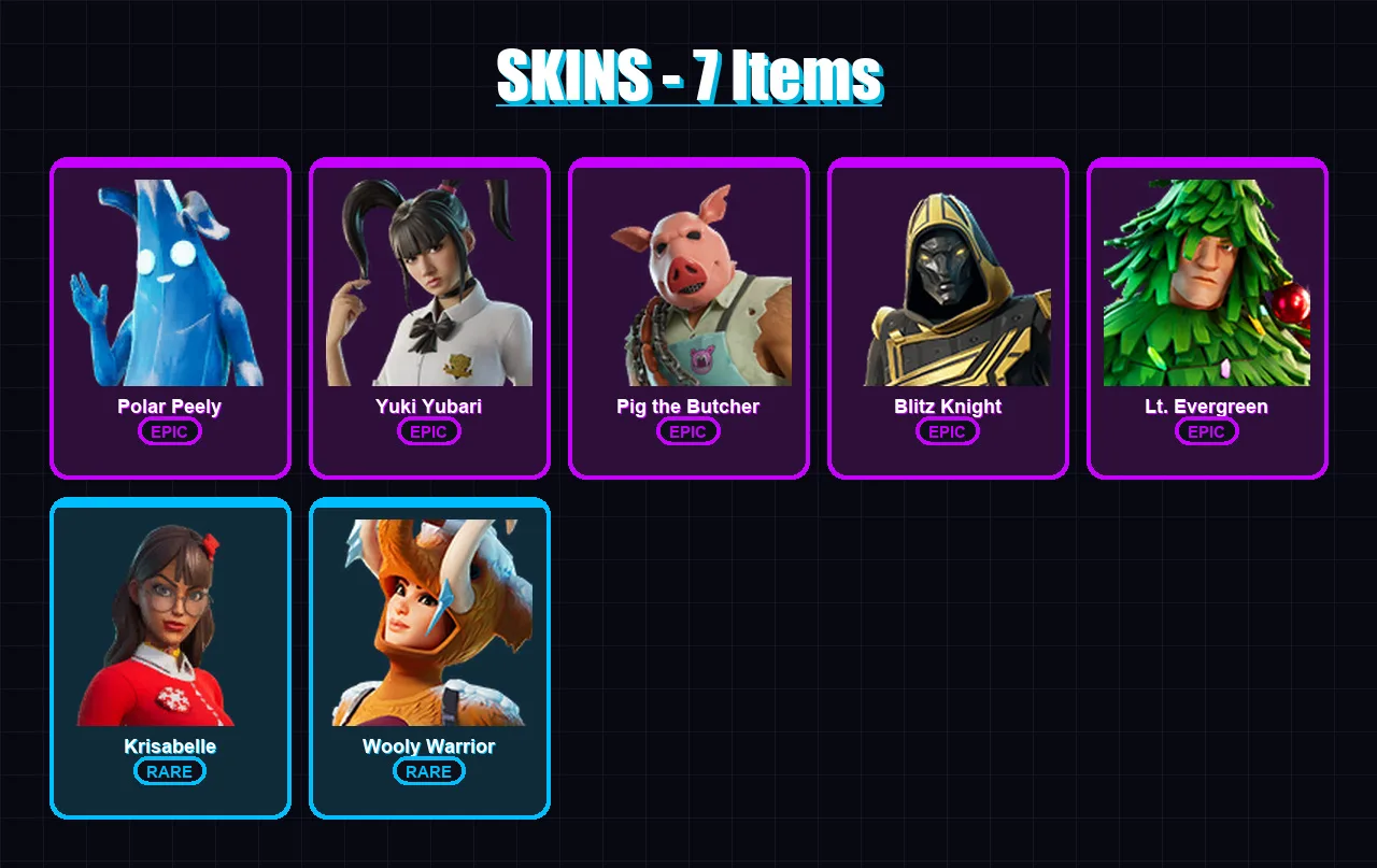 [PC] | Polar Peely | Yuki Yubari | Pig the Butcher | Blitz Knight | Lt. Evergreen | 7 skin | 33 pickaxe | 16 emote | 25 glider | Lv294