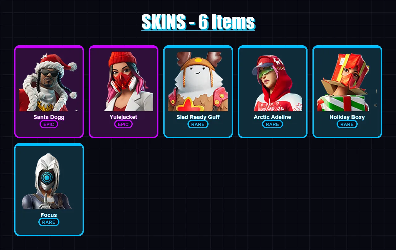 [PC/XBOX] | Santa Dogg | Yulejacket | Sled Ready Guff | Arctic Adeline | Holiday Boxy | 6 skin | 13 pickaxe | 8 emote | 13 glider | Lv130