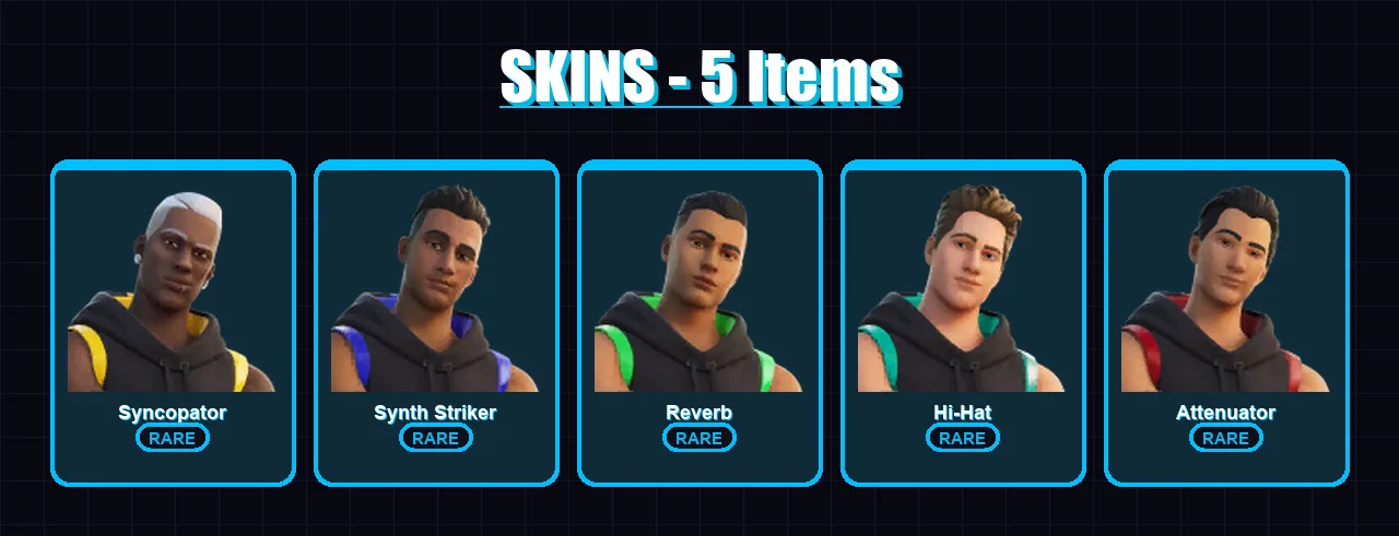[PC/XBOX/PSN] | Syncopator | Synth Striker | Reverb | Hi-Hat | Attenuator | 5 skin | 14 pickaxe | 10 emote | 15 glider | Lv277