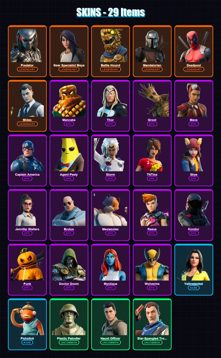 [SWITCH/XBOX/PSN/PC] | Predator | Gear Specialist Maya | Battle Hound | Mandalorian | Deadpool | 29 skin | 28 pickaxe | 28 emote | 28 glider | Lv570