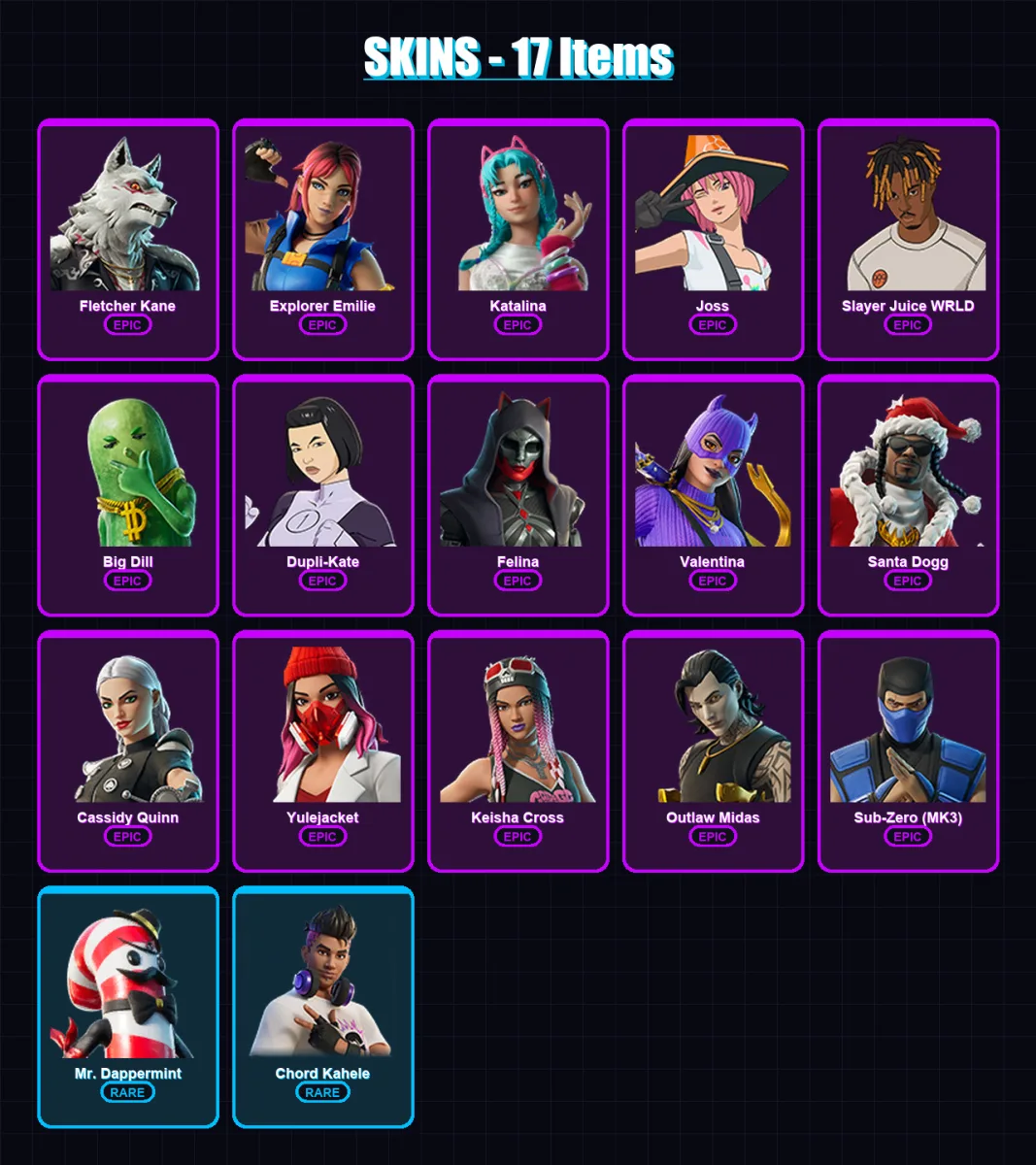 [PC/XBOX/PSN] | Fletcher Kane | Explorer Emilie | Katalina | Joss | Slayer Juice WRLD | 17 skin | 42 pickaxe | 22 emote | 27 glider | Lv531