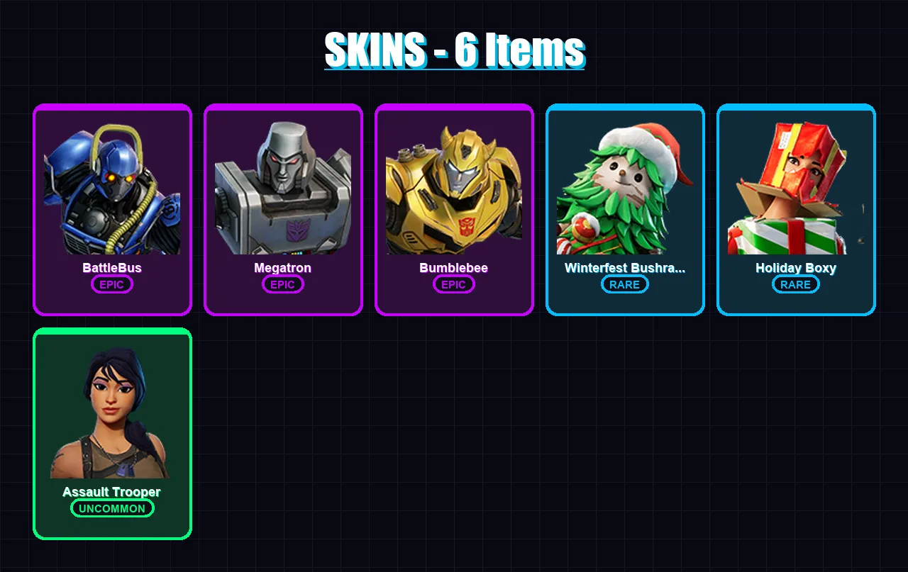 [PS4/PS5/XBOX/PC] | BattleBus | Megatron | Bumblebee | Winterfest Bushranger | Holiday Boxy | 6 skin | 13 pickaxe | 9 emote | 13 glider | Lv193