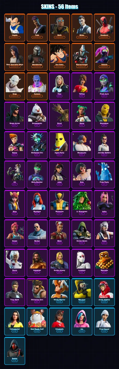 [PC/XBOX] | Vegeta | Fade | Malik | Midas | Deadpool | 56 skin | 68 pickaxe | 42 emote | 60 glider | Lv925 — Fortnite account