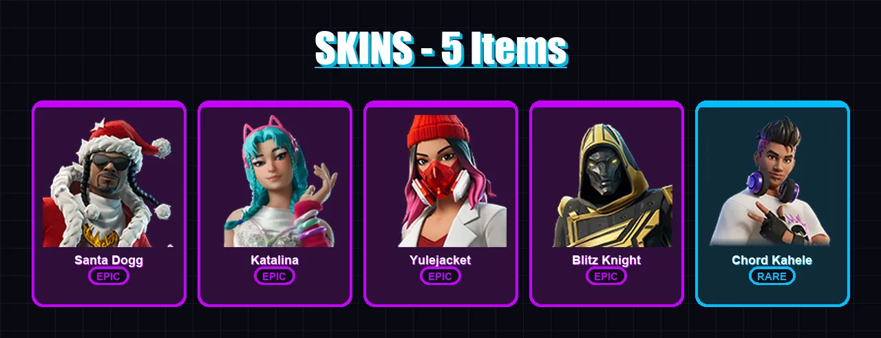 [PC/XBOX/PSN] | Santa Dogg | Katalina | Yulejacket | Blitz Knight | Chord Kahele | 5 skin | 12 pickaxe | 4 emote | 9 glider | Lv108