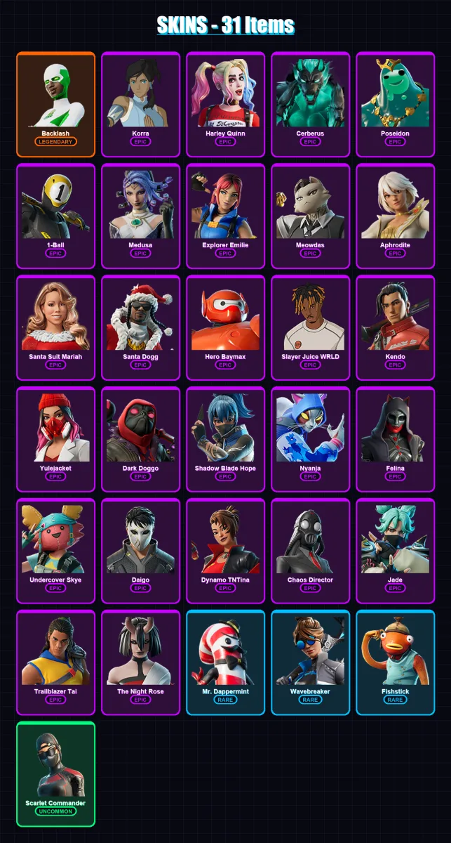 [PC/XBOX/PSN] | Backlash | Korra | Harley Quinn | Cerberus | Poseidon | 31 skin | 50 pickaxe | 40 emote | 34 glider | Lv521