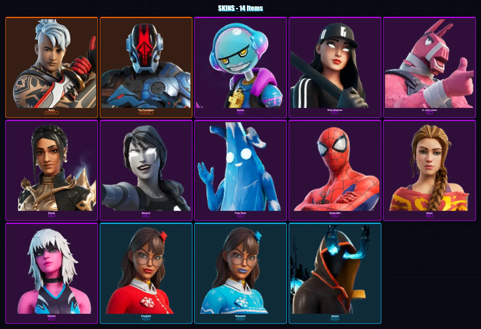 [PC/XBOX/PSN] | Ronin | The Foundation | Gumbo | Ruby Shadows | Lt. John Llama | 14 skin | 20 pickaxe | 22 emote | 17 glider | Lv167