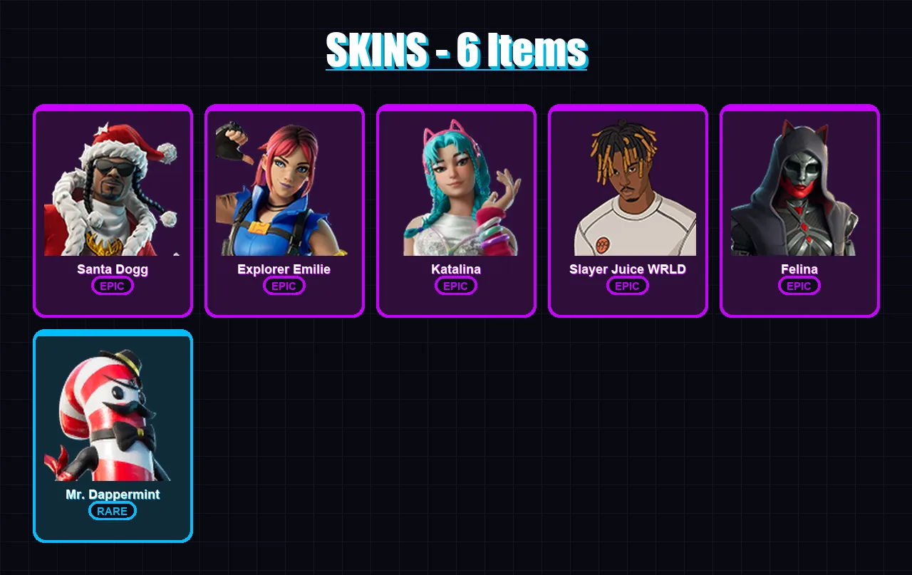 [PC/XBOX/PSN] | Santa Dogg | Explorer Emilie | Katalina | Slayer Juice WRLD | Felina | 6 skin | 24 pickaxe | 10 emote | 12 glider | Lv258