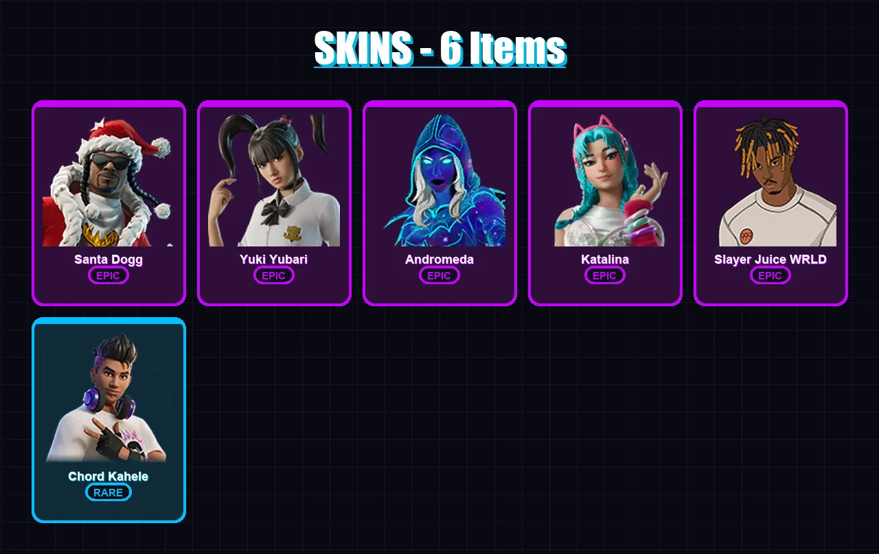 [PC/XBOX/PSN] | Santa Dogg | Yuki Yubari | Andromeda | Katalina | Slayer Juice WRLD | 6 skin | 20 pickaxe | 5 emote | 11 glider | Lv102