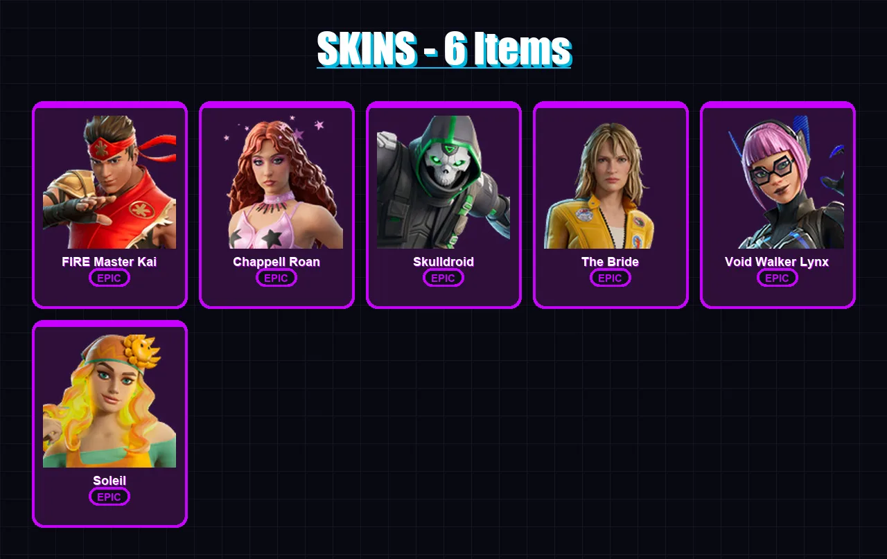 [PC/XBOX/PSN] | FIRE Master Kai | Chappell Roan | Skulldroid | The Bride | Void Walker Lynx | 6 skin | 2 pickaxe | 3 emote | 3 glider | Lv9