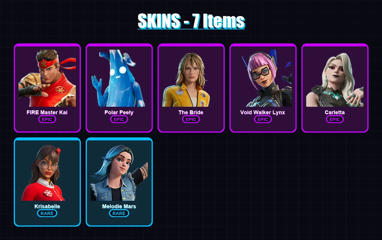 [PC/PSN] | FIRE Master Kai | Polar Peely | The Bride | Void Walker Lynx | Carletta | 7 skin | 6 pickaxe | 4 emote | 6 glider | Lv38