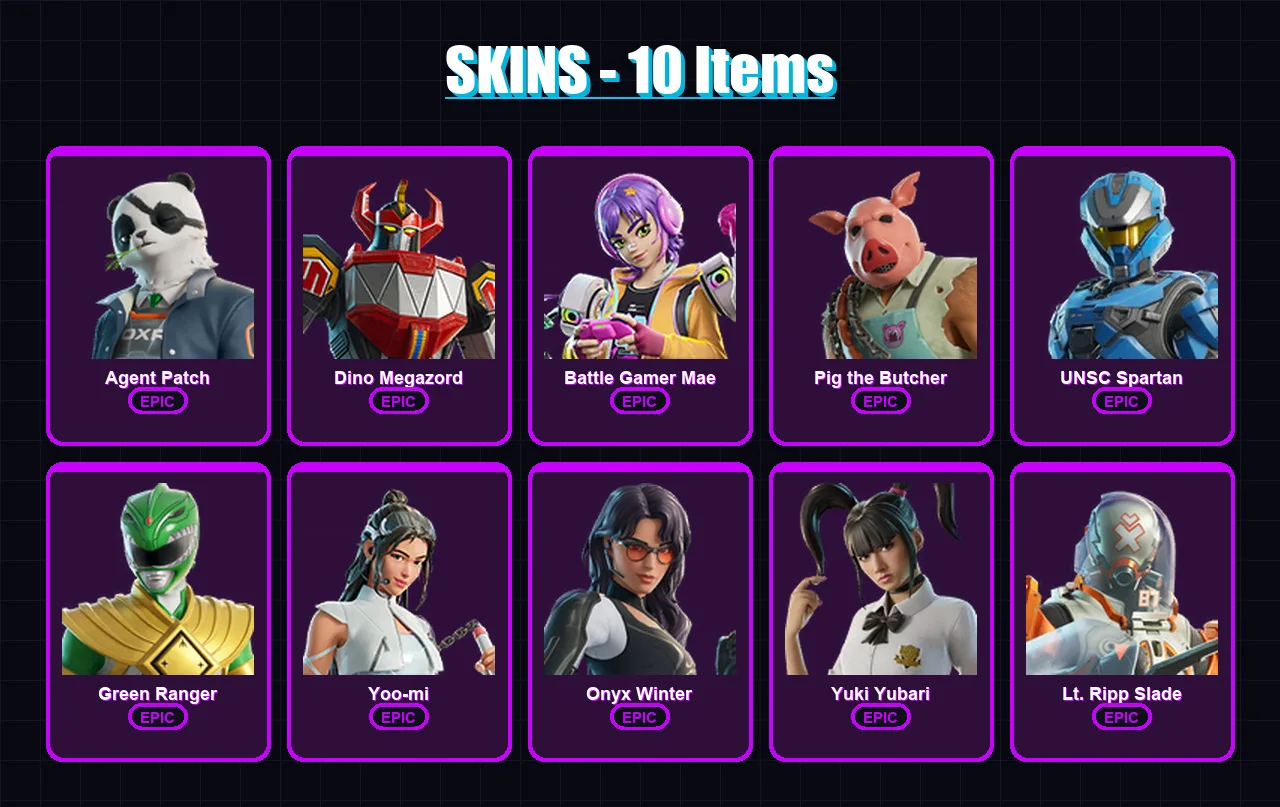 [PC/XBOX/PSN] | Agent Patch | Dino Megazord | Battle Gamer Mae | Pig the Butcher | UNSC Spartan | 10 skin | 36 pickaxe | 18 emote | 22 glider | Lv26