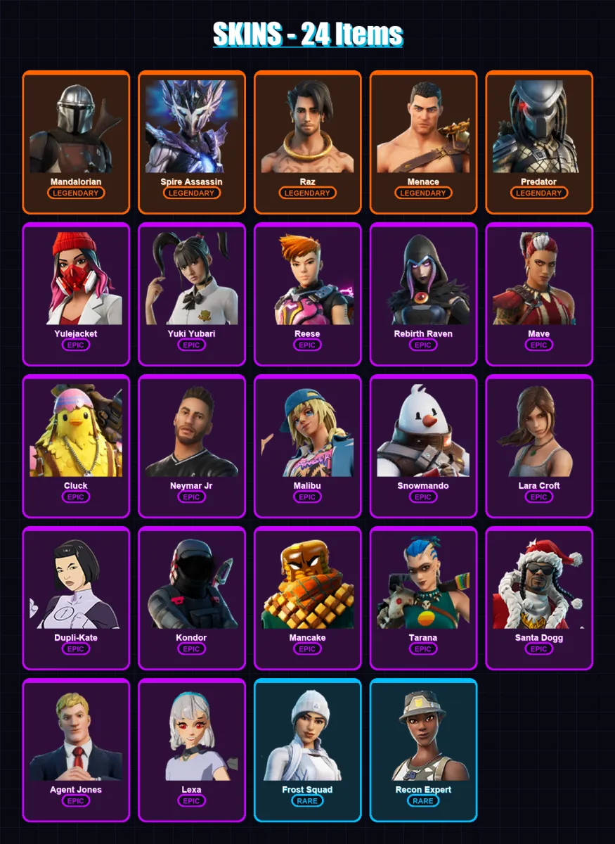 [PC/XBOX] | Mandalorian | Spire Assassin | Raz | Menace | Predator | 24 skin | 73 pickaxe | 52 emote | 55 glider | Lv1261