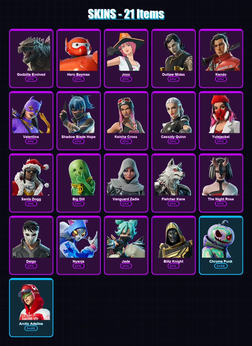 [PC/XBOX/PSN] | Godzilla Evolved | Hero Baymax | Joss | Outlaw Midas | Kendo | 21 skin | 43 pickaxe | 23 emote | 30 glider | Lv348