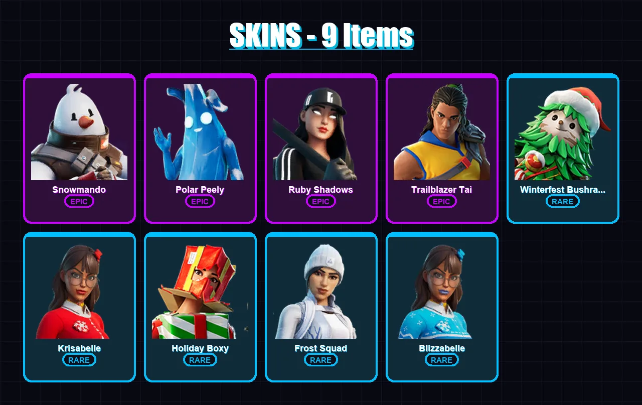[PC/XBOX/PSN] | Snowmando | Polar Peely | Ruby Shadows | Trailblazer Tai | Winterfest Bushranger | 9 skin | 18 pickaxe | 15 emote | 17 glider | Lv22