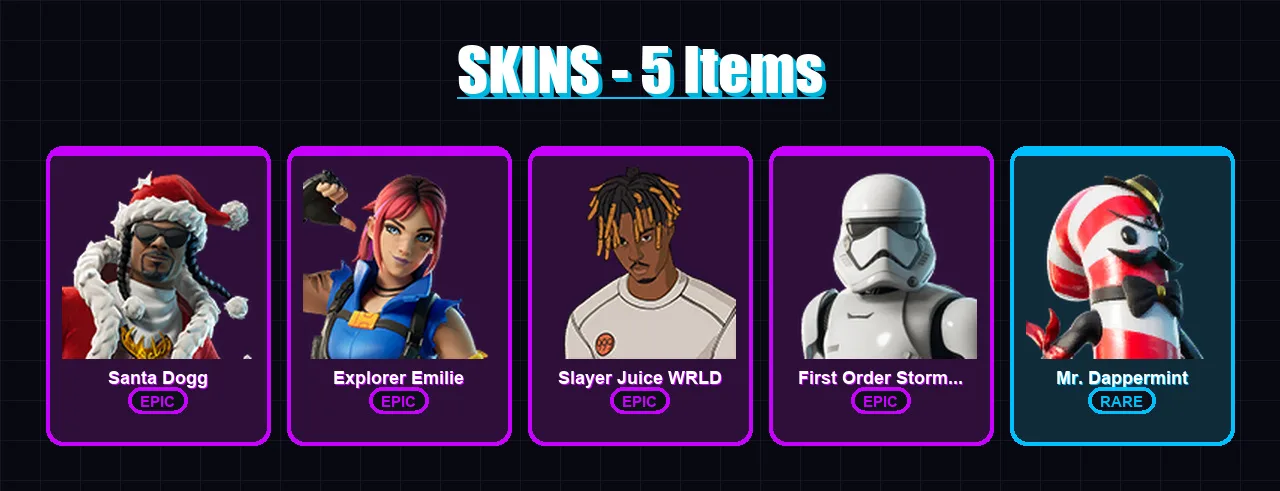 [PS4/PS5/XBOX/PC] | Santa Dogg | Explorer Emilie | Slayer Juice WRLD | 5 skin | Lv19