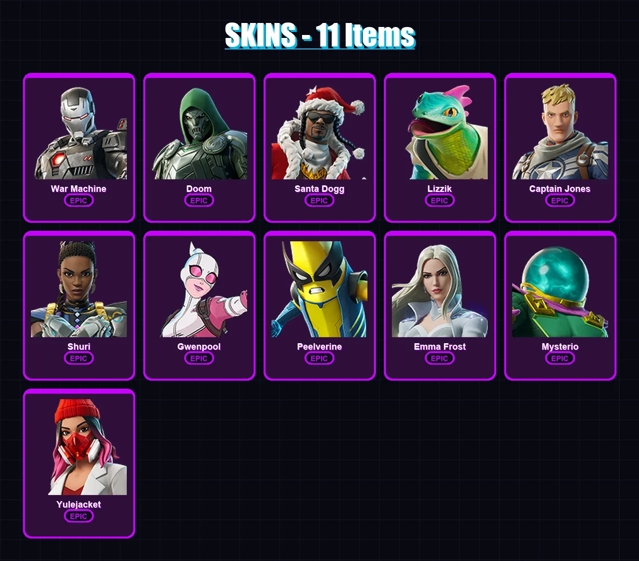 [PS4/PS5/XBOX/PC] | War Machine | Doom | Santa Dogg | Lizzik | Captain Jones | 11 skin | 25 pickaxe | 15 emote | 19 glider | Lv282