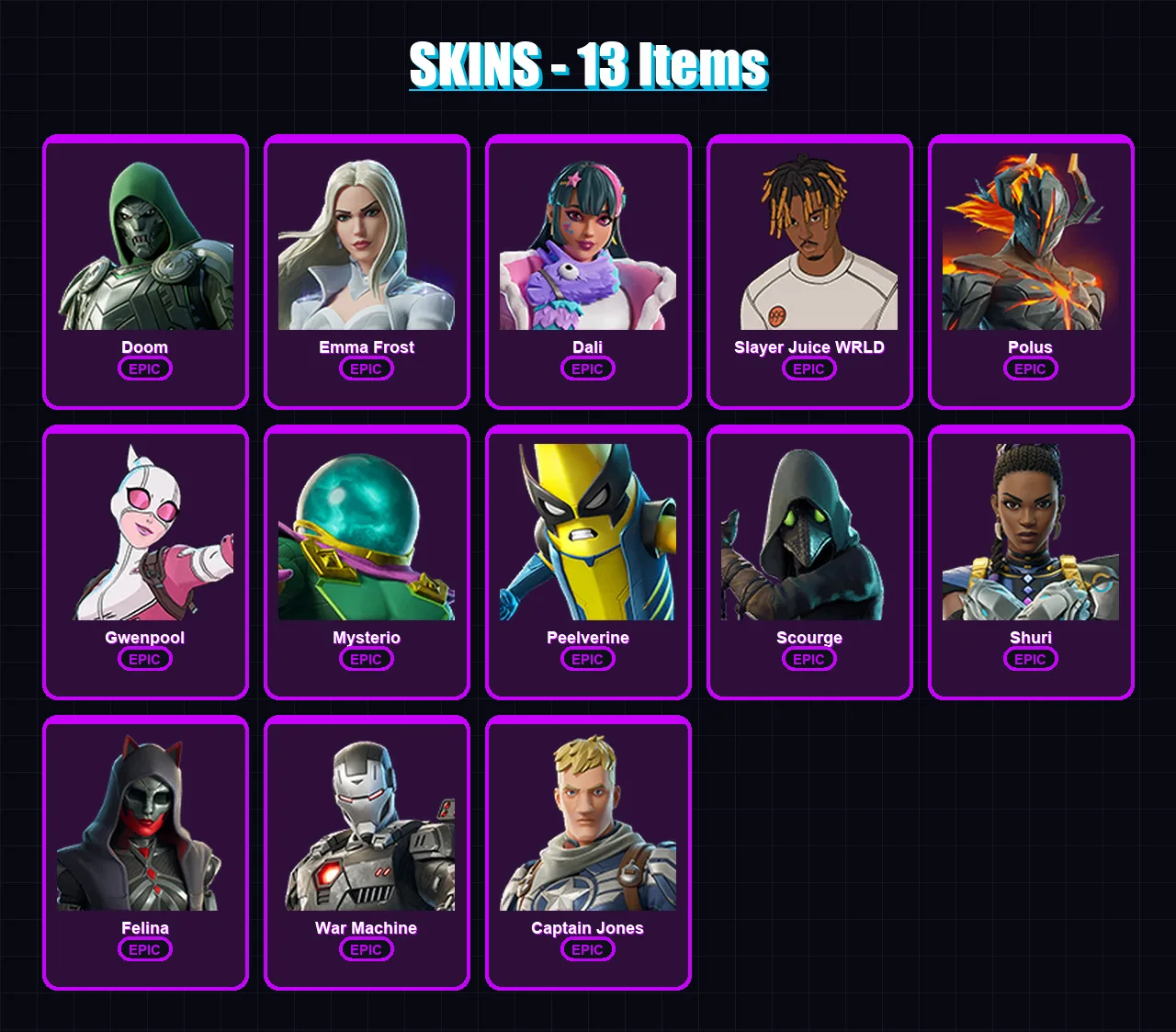 [PC/XBOX/PSN] | Doom | Emma Frost | Dali | Slayer Juice WRLD | Polus | 13 skin | 19 pickaxe | 19 emote | 11 glider | Lv173