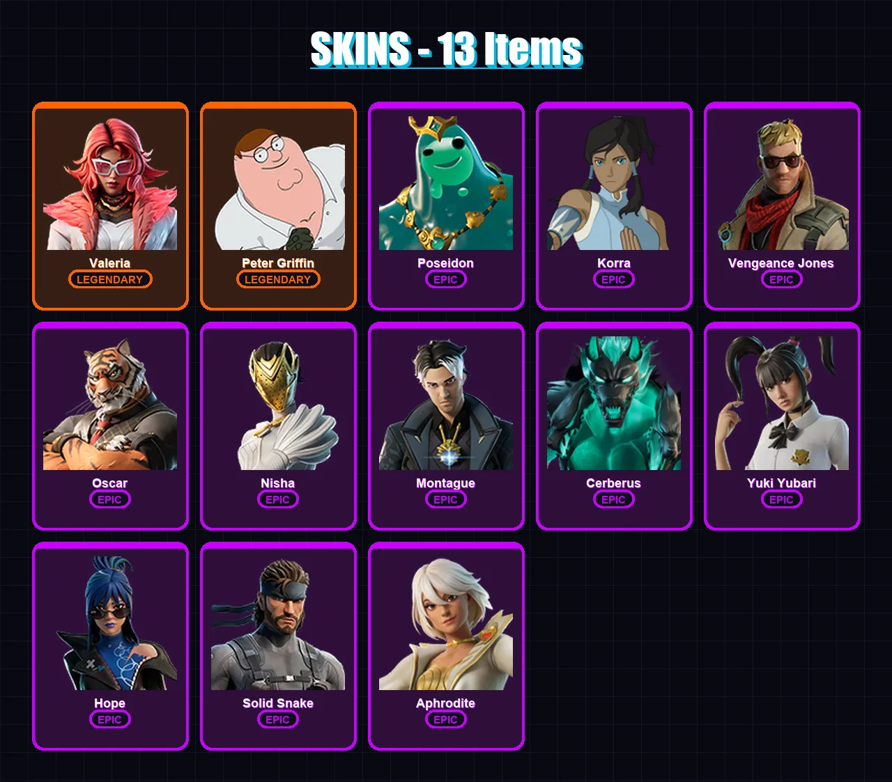 [PC/XBOX/PSN] | Valeria | Peter Griffin | Poseidon | Korra | Vengeance Jones | 13 skin | 20 pickaxe | 16 emote | 14 glider | Lv186