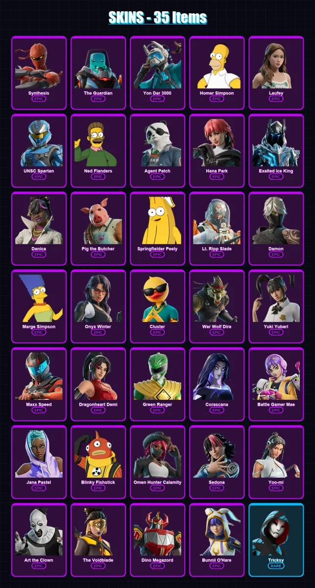 [PC] | Synthesis | The Guardian | Yon Dar 3000 | Homer Simpson | Laufey | 35 skin | 44 pickaxe | 27 emote | 23 glider | Lv267