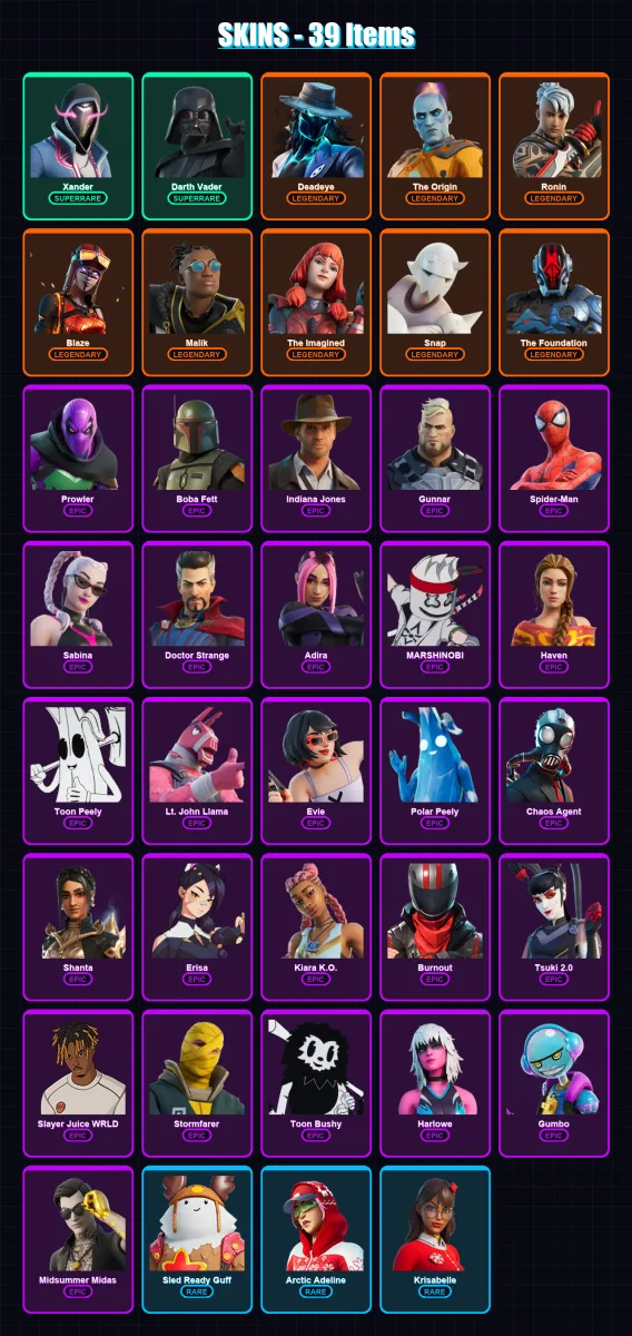 [SWITCH/XBOX/PSN/PC] | Xander | Darth Vader | Deadeye | The Origin | Ronin | 39 skin | 39 pickaxe | 27 emote | 35 glider | Lv517