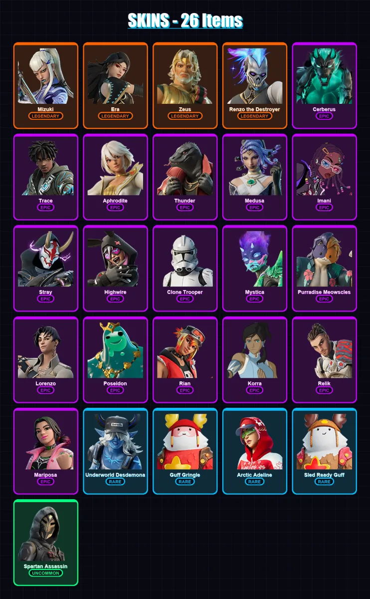 [PC/XBOX/PSN] | Mizuki | Era | Zeus | Renzo the Destroyer | Cerberus | 26 skin | 31 pickaxe | 31 emote | 37 glider | Lv440