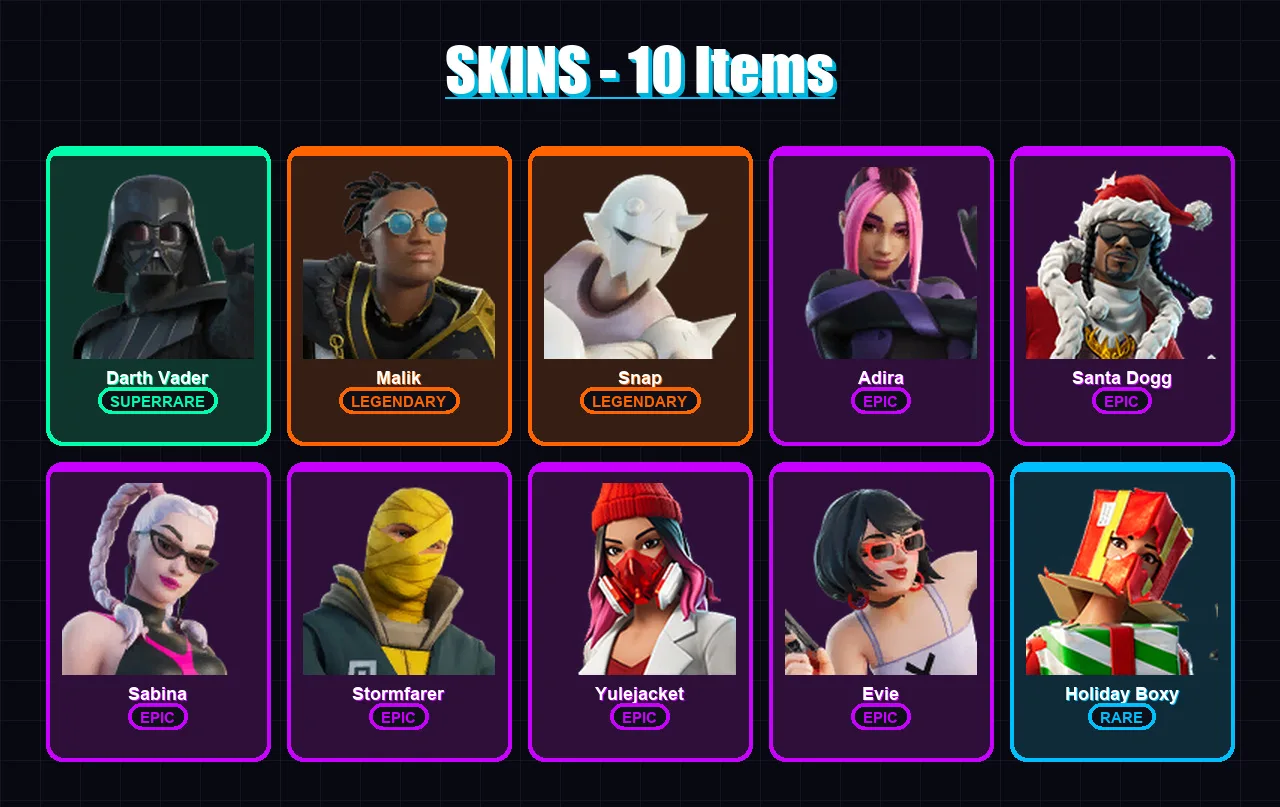 [PC] | Darth Vader | Malik | Snap | Adira | Santa Dogg | 10 skin | 21 pickaxe | 15 emote | 17 glider | Lv245