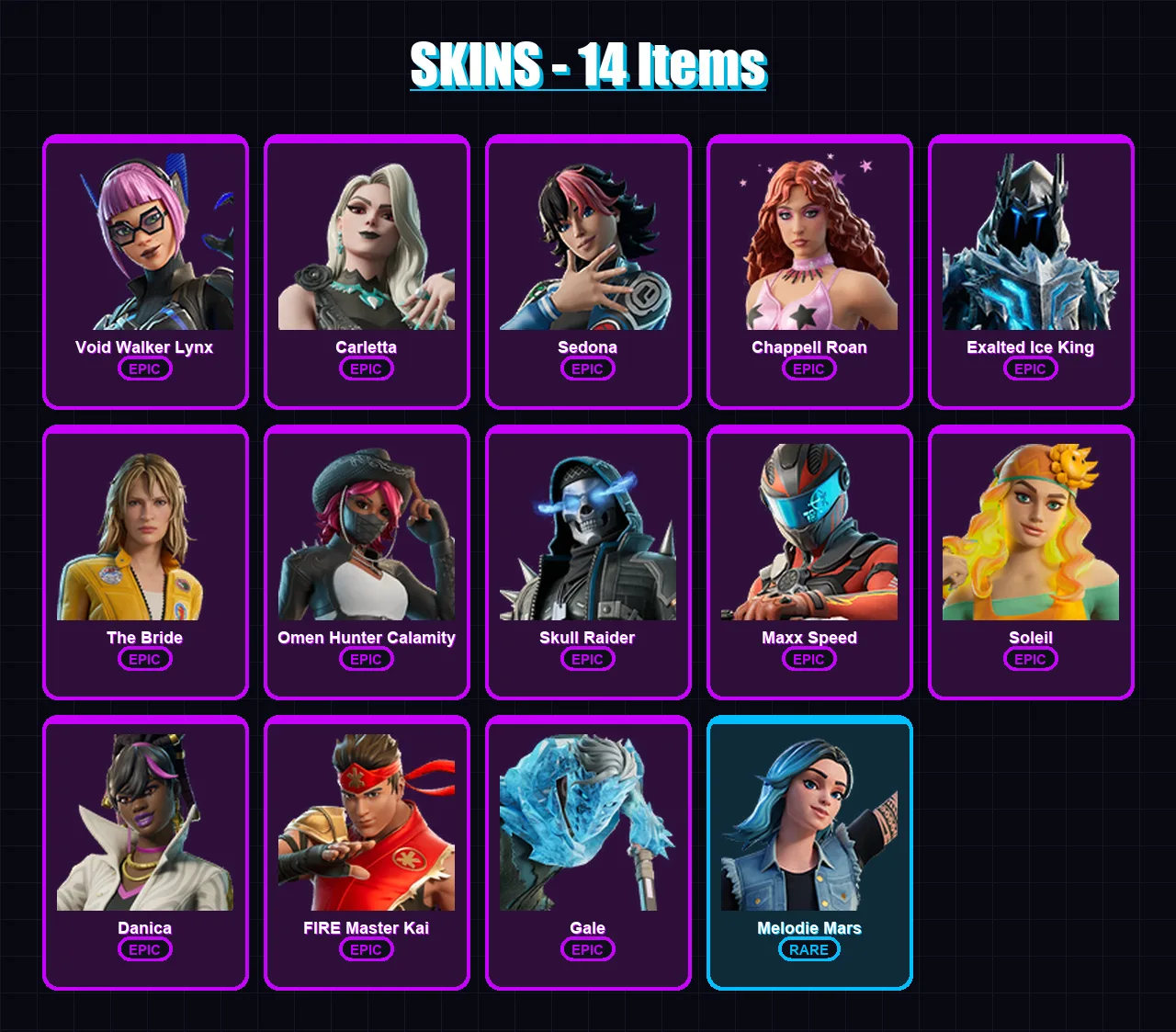 [PC/PSN] | Void Walker Lynx | Carletta | Sedona | Chappell Roan | Exalted Ice King | 14 skin | 9 pickaxe | 3 emote | 5 glider | Lv72