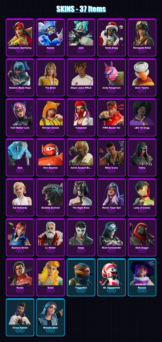 [PC/PSN] | Champion Sparkplug | Nyanja | Jade | Santa Dogg | Renegade Rebel | 37 skin | 62 pickaxe | 37 emote | 40 glider | Lv699