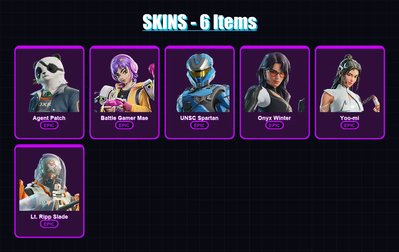 [PC/XBOX/PSN] | Agent Patch | Battle Gamer Mae | UNSC Spartan | Onyx Winter | Yoo-mi | 6 skin | 18 pickaxe | 11 emote | 13 glider | Lv125