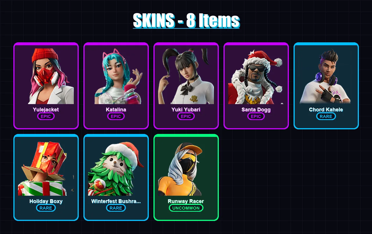 [PC/XBOX/PSN] | Yulejacket | Katalina | Yuki Yubari | Santa Dogg | Chord Kahele | 8 skin | 37 pickaxe | 20 emote | 30 glider | Lv489