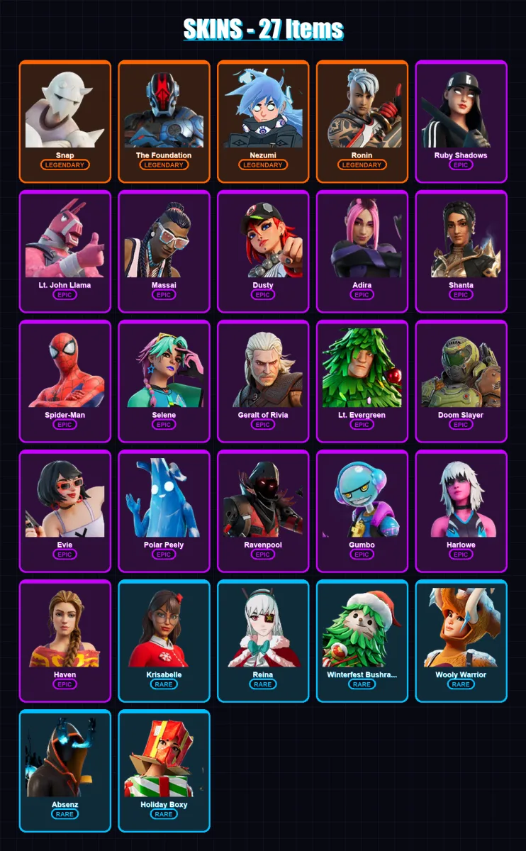[PC/XBOX/PSN] | Snap | The Foundation | Nezumi | Ronin | Ruby Shadows | 27 skin | 41 pickaxe | 25 emote | 37 glider | Lv585