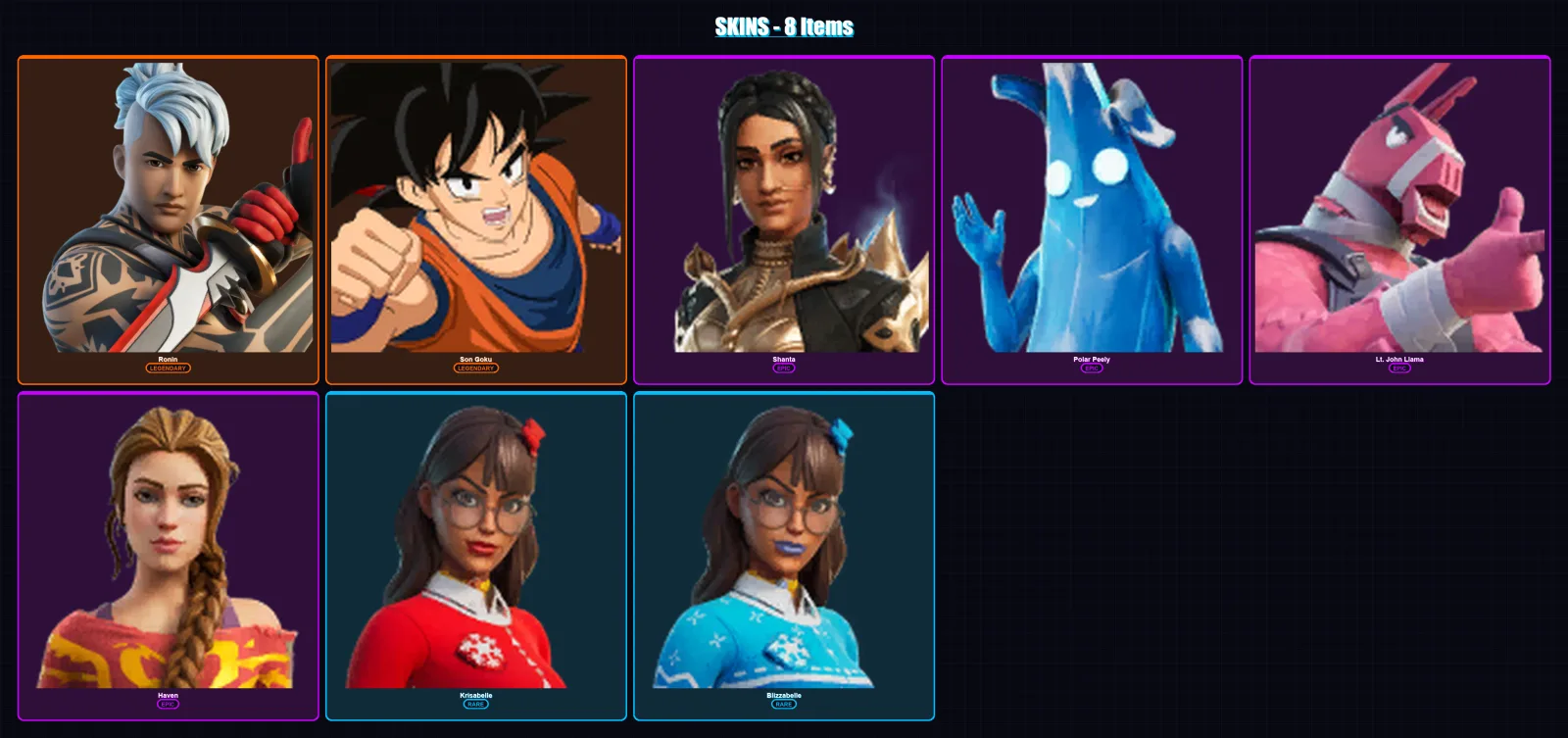 [PC/XBOX/PSN] | Ronin | Son Goku | Shanta | Polar Peely | Lt. John Llama | 8 skin | 18 pickaxe | 15 emote | 15 glider | Lv156