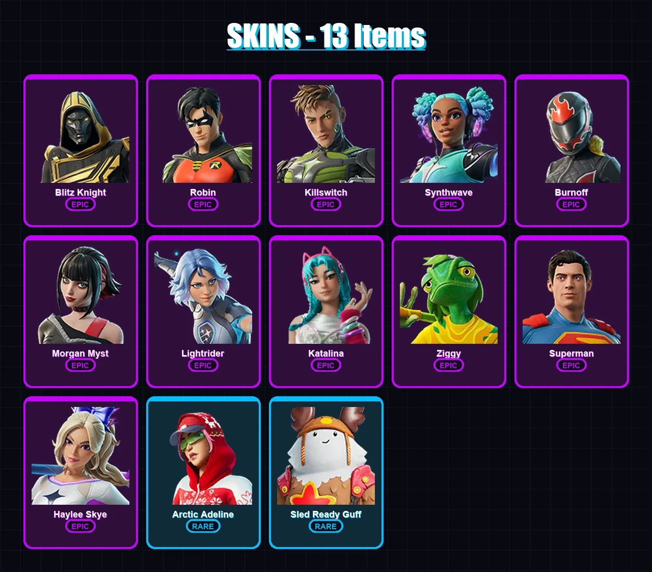 [PC/XBOX/PSN] | Blitz Knight | Robin | Killswitch | Synthwave | Burnoff | 13 skin | 39 pickaxe | 20 emote | 33 glider | Lv427